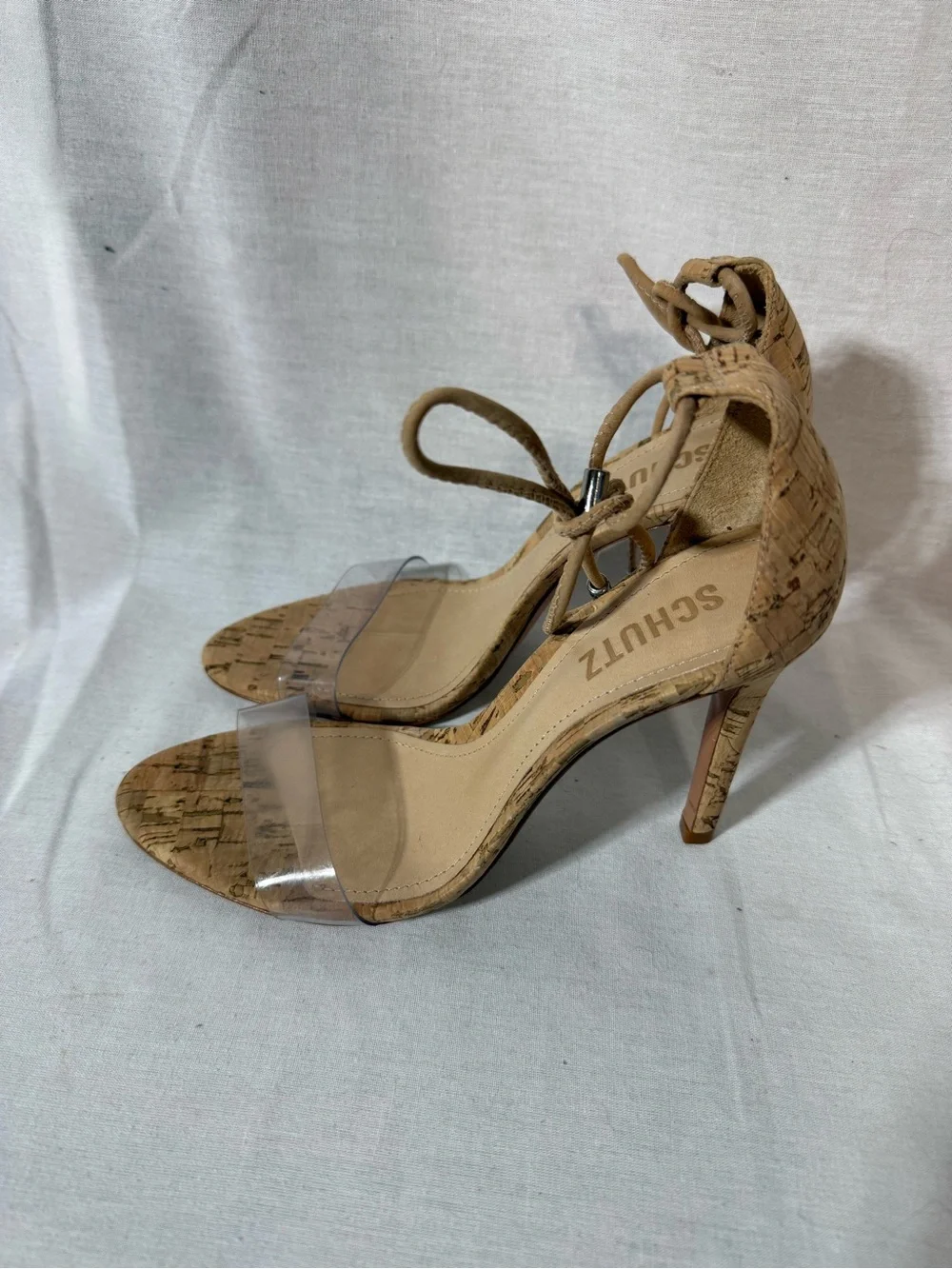 Schutz Tan Cork Ankle-Tie Stiletto Sandals with Clear Strap Size 7.5